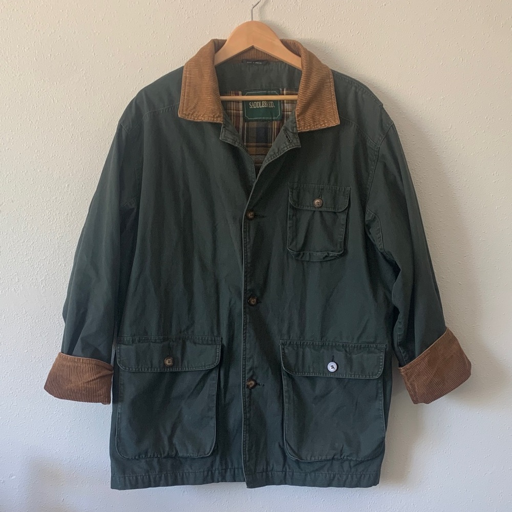 Vintage Saddlebred Men's Green Jacket with Brown Corduroy Accents